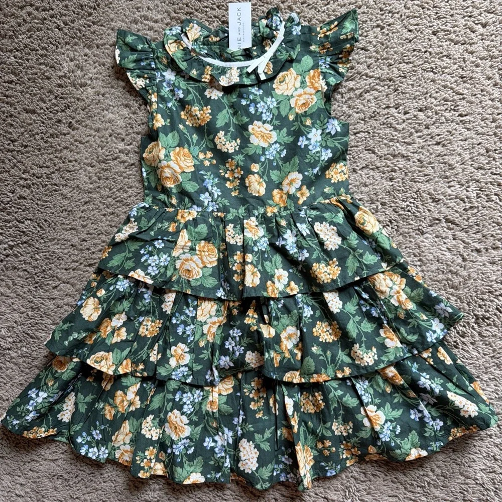 Janie and Jack Girls 6 Green Yellow Floral Ruffle Dress